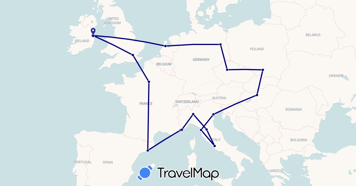 TravelMap itinerary: driving in Czech Republic, Germany, Spain, France, United Kingdom, Hungary, Ireland, Italy, Monaco, Netherlands, Poland (Europe)